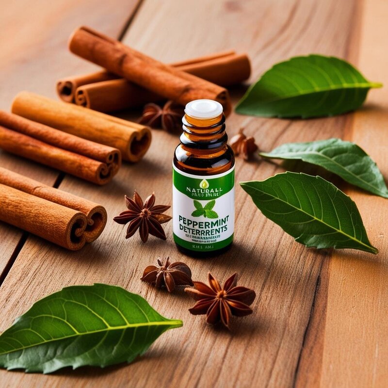 Collection of natural ant deterrents including cinnamon, peppermint oil, and bay leaves on wooden surface