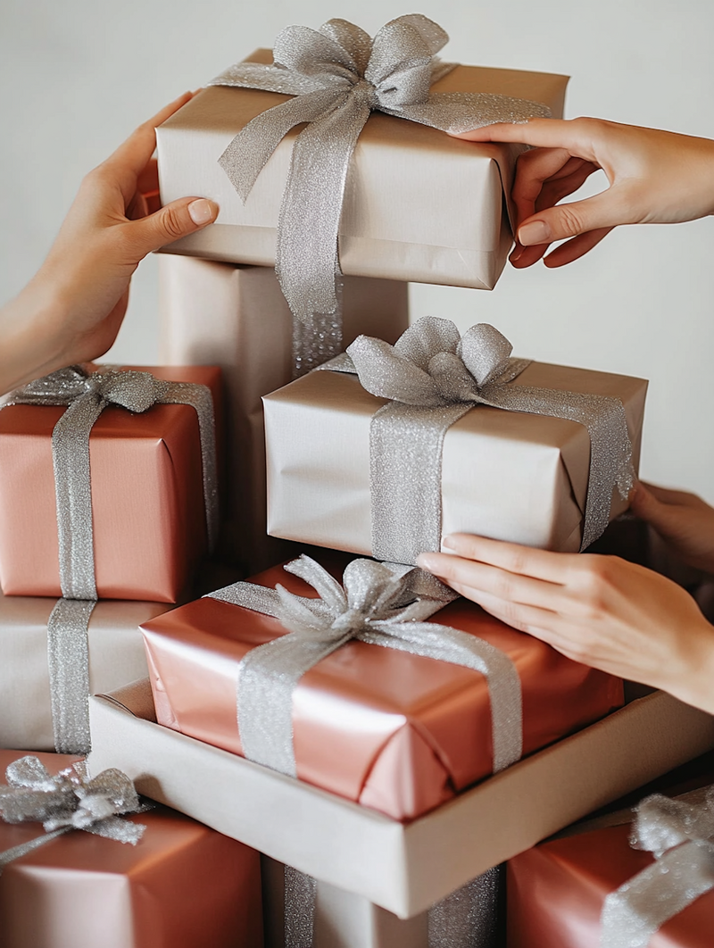 několik krabiček zabalených jako dárky a dotýkají se jich několikatery ruce
