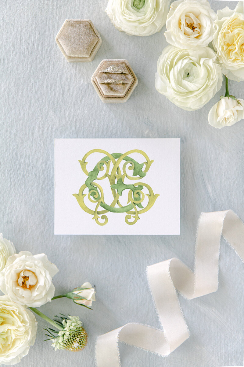 Interlocking wedding monogram with three letters.