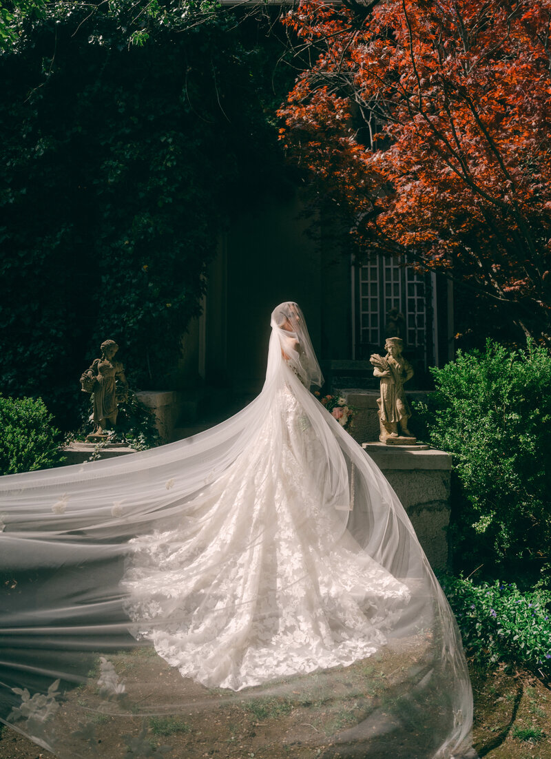 bride has her veil and wedding dress swept by the wind on the stairs of a gorgeous mansion by cait fletcher photography