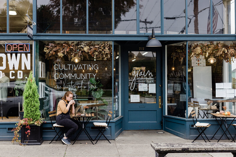 Front entrance of Grain Artisan Bakery & Craft Coffee in downtown Snohomish, WA — a welcoming gluten-free café and bakery known for handcrafted pastries and community connection.