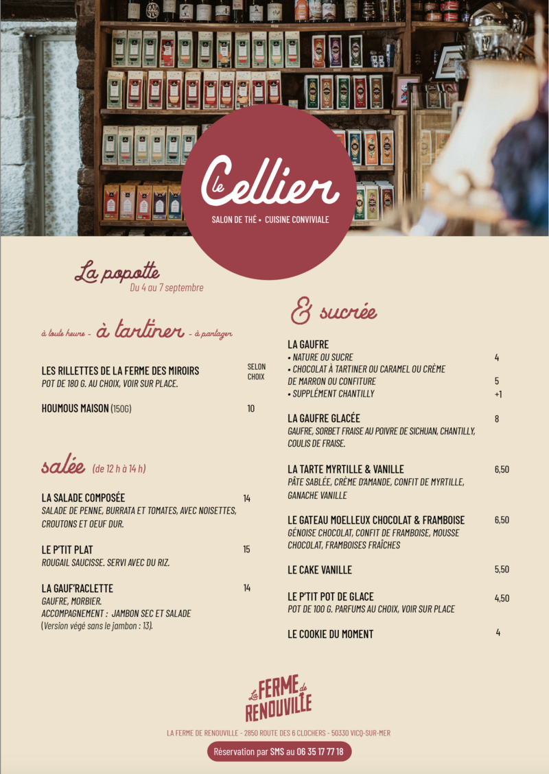 Salon de thé et restauration conviviale de la ferme de Renouville menu de la semaine