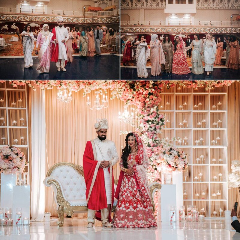 South Asian couple standing in front of family and friends at royals alberts palace.