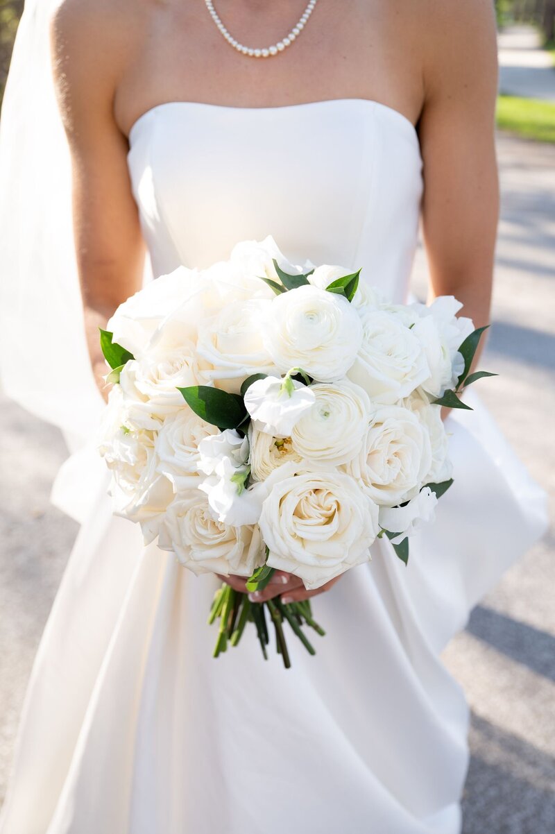 Close up of white wedding bouquet
