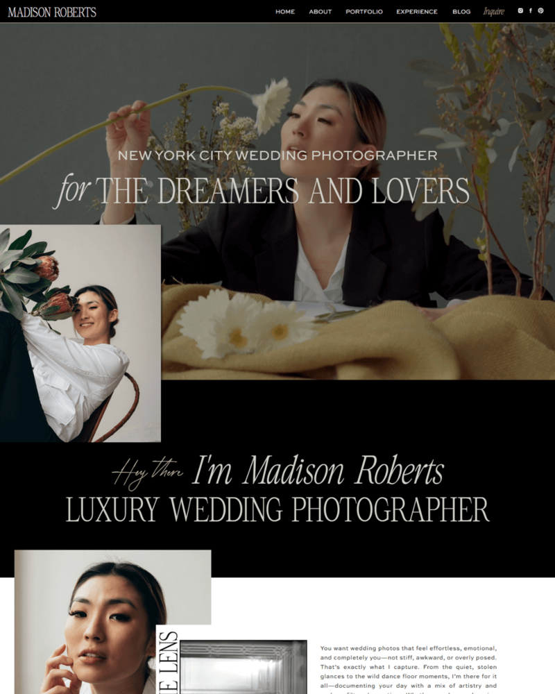 Madison Showit website template for photographers with a timeless, bold design—perfect for showcasing editorial, wedding, and portrait photography portfolios
