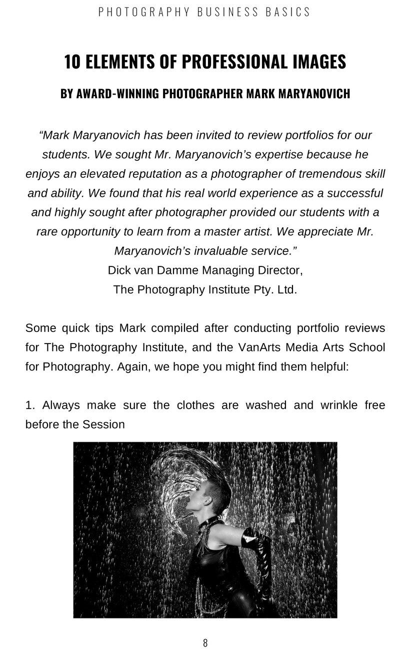 Photography tips introduction page from Photography Business Basics book with corresponding tip one example image in black and white