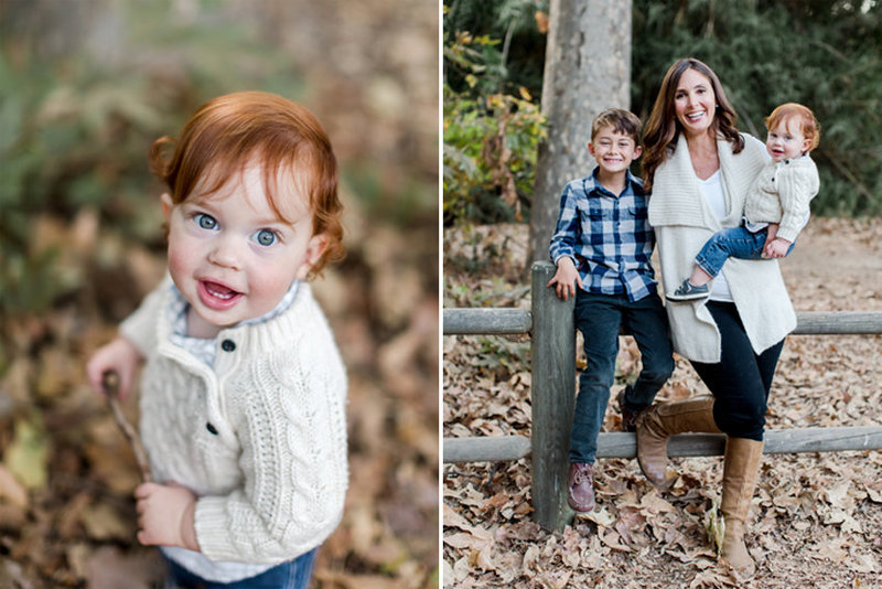 Mom and her young boys pose for portraits in fall leaves