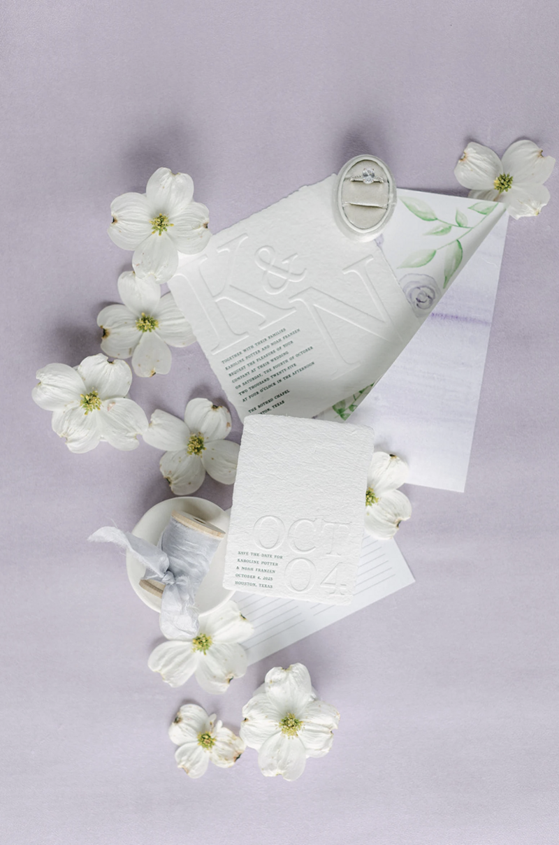 Lavender suede styling mat with delicate wedding paper and soft florals