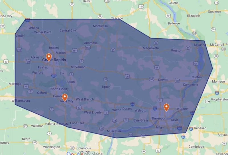 Map showing electrician service areas in Iowa: Iowa City, Davenport, Cedar Rapids, Anamosa, Bettendorf, East Moline, and nearby areas.
