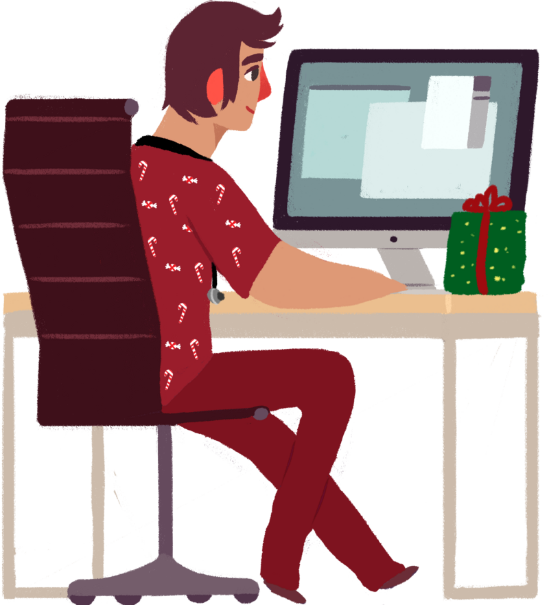 male cartoon nursing working on a desktop