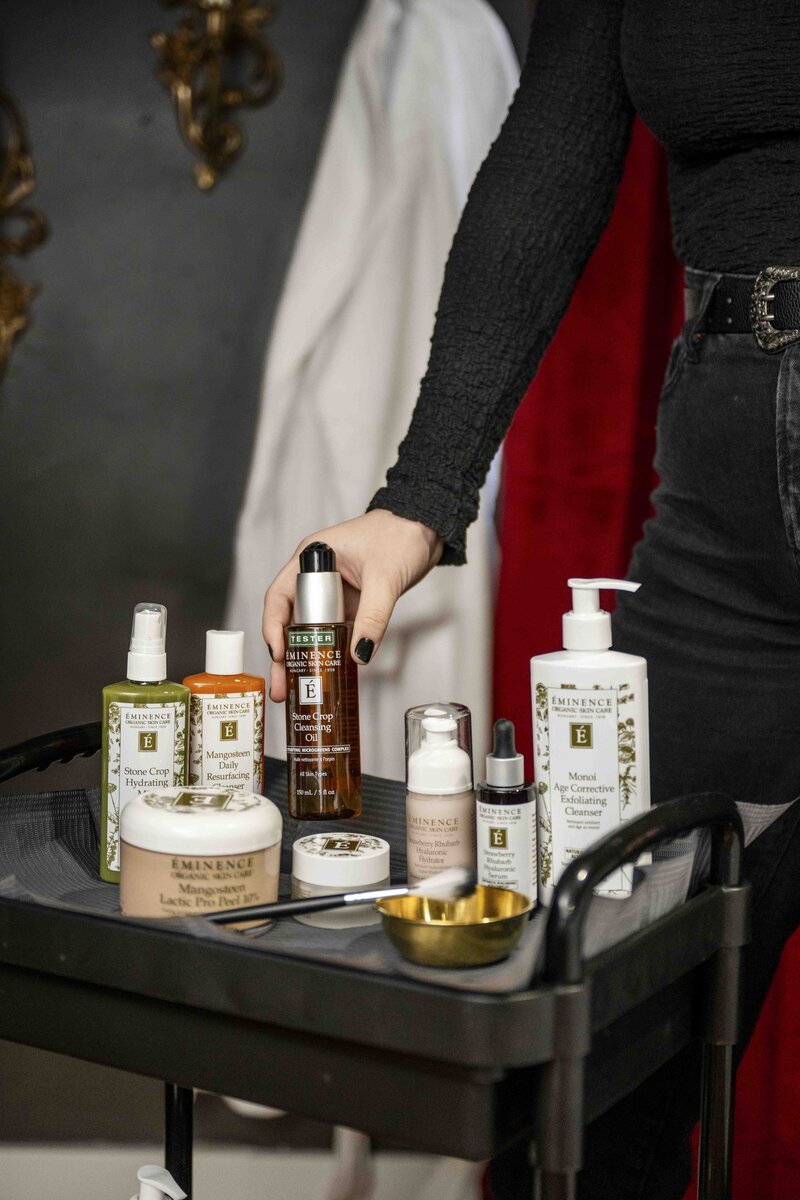 Hair care products displayed on metal rack
