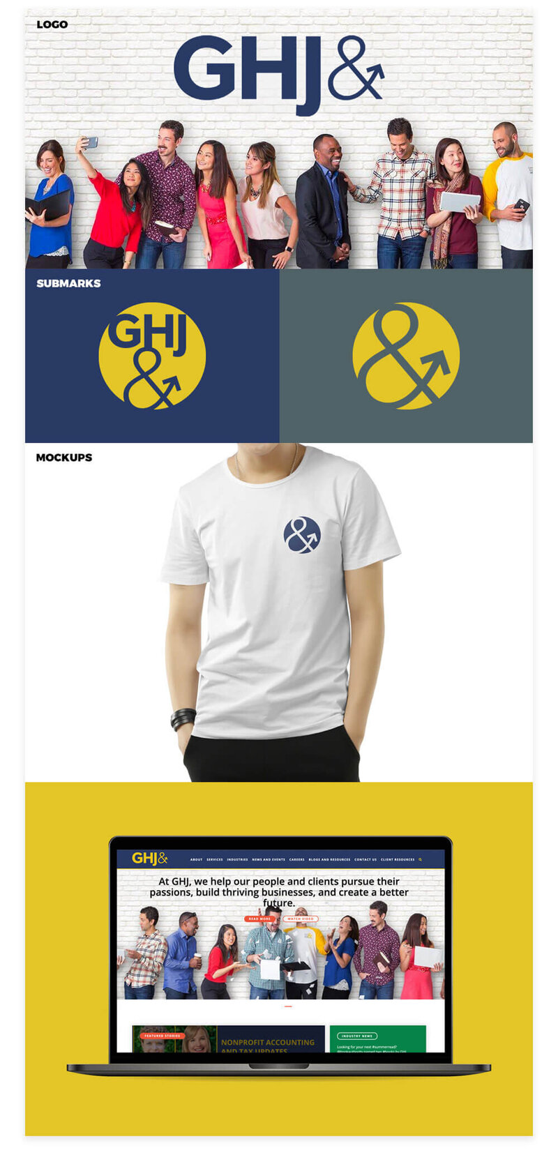 GHJ Custom Logo Design And Brand Design Elements - mockup includes the logo in use, a t-shirt mockup with the logo design on the chest, and a mockup of the website design