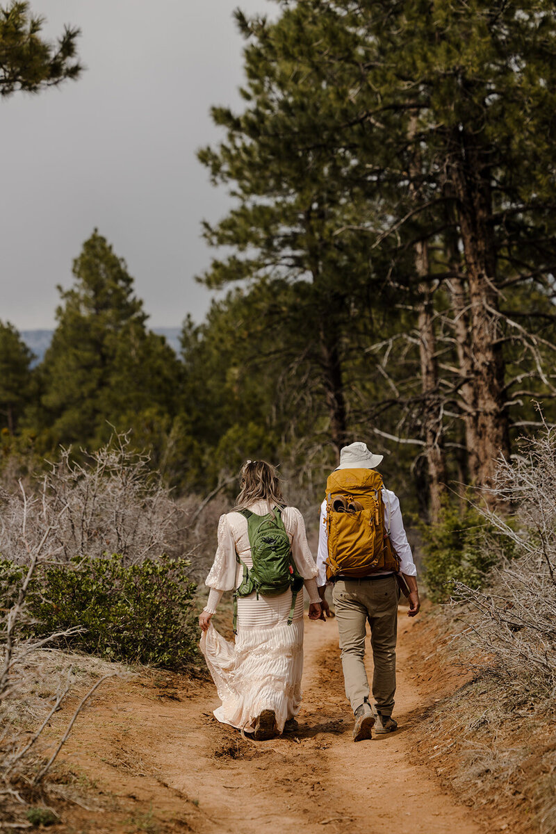 A couple stands head to hand with a small waterfall behind them.