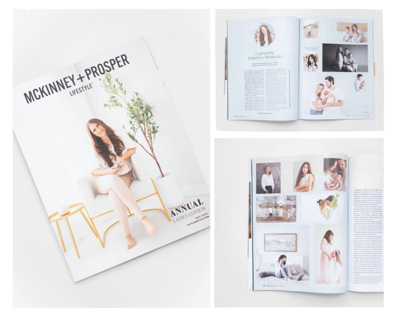 collage of magazine cover and article photos of Allison Amores Photography in McKinney + Prosper Lifestyle magazine May 2025