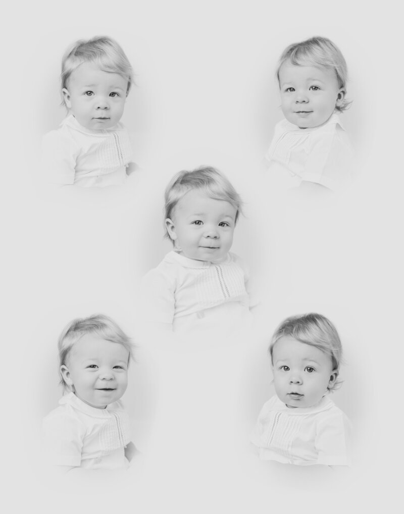 Composite of 5 black and white images of smiling baby boy by Worth Capturing