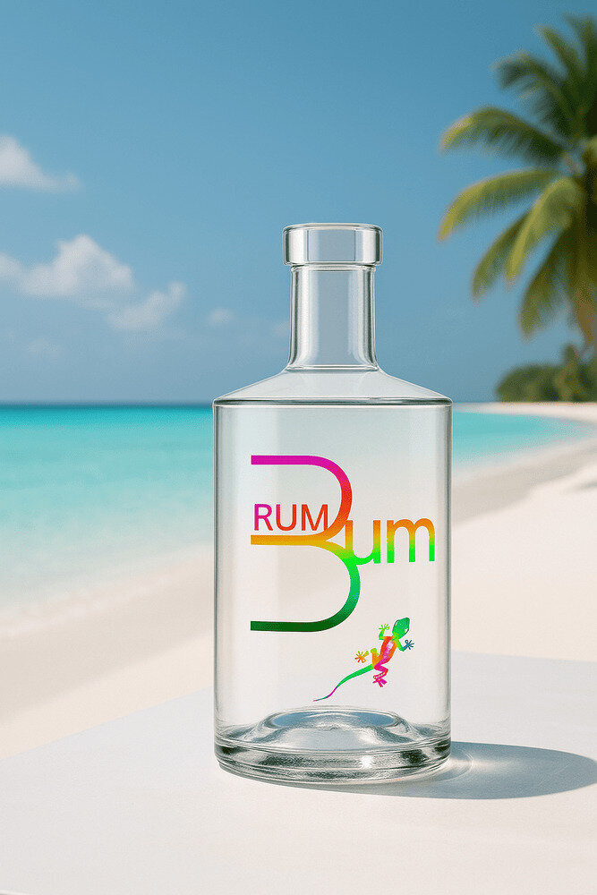 Close-up of a transparent rum bottle labeled “Rum Bum” with a rainbow-colored logo and a small gecko, positioned against a tropical beach backdrop.