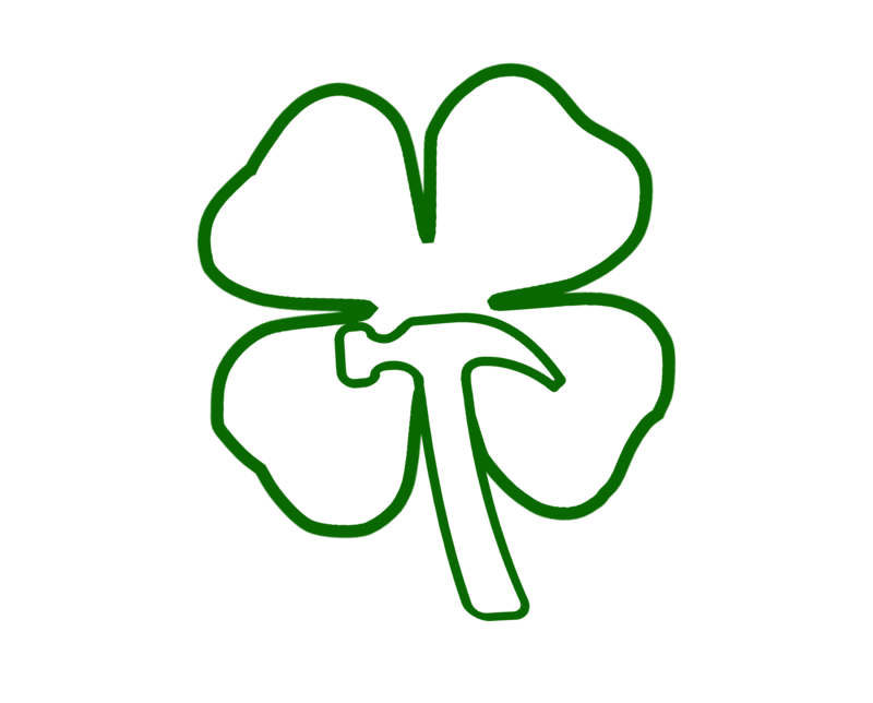 A green outline of a shamrock with the outline of a hammer as the stem. Logo for Shamrock Solutions Construction Company