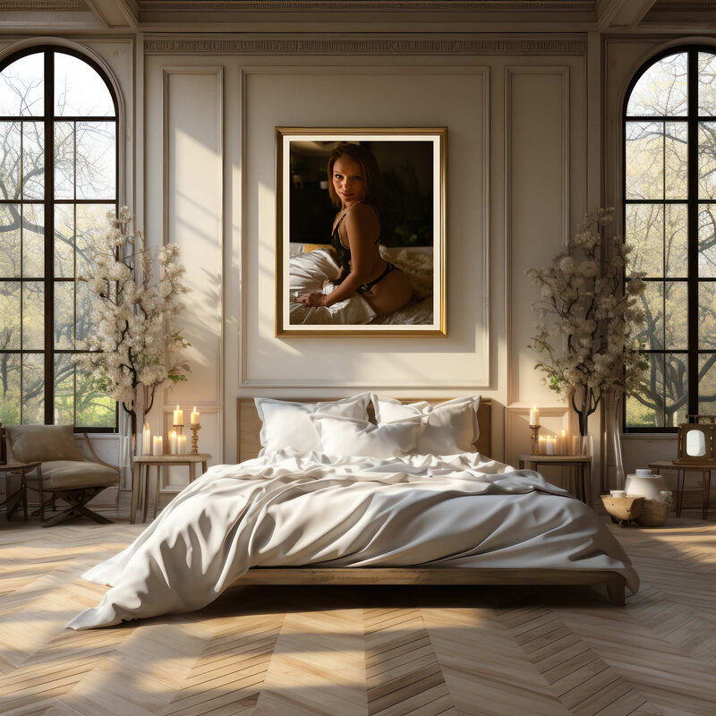 A woman's boudoir wall art hangs proudly above her beautiful bedroom.