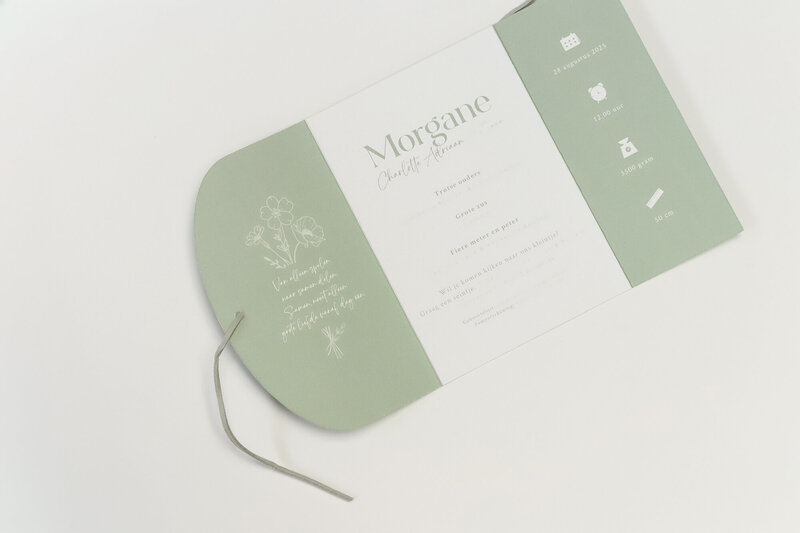 Mintgroen-geboortekaartje-met-ronde-vorm-en-geboortebloem-Morgane-17