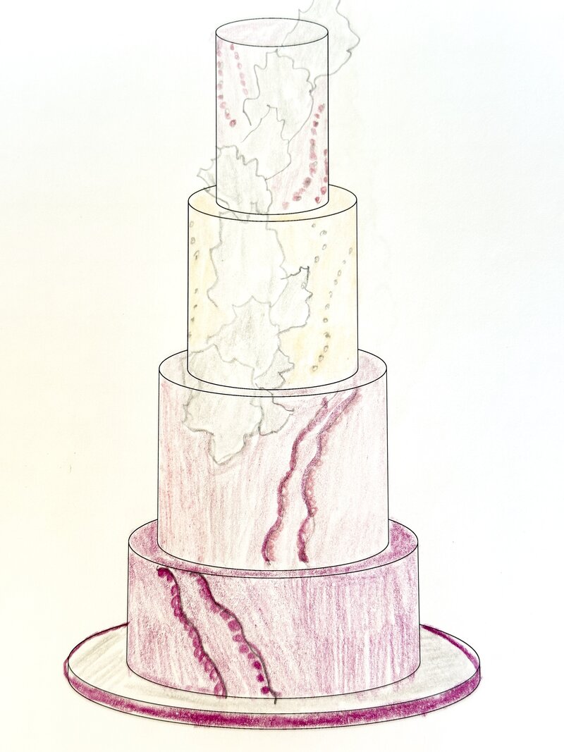Cake sketch showing ombre color build and wafer paper sails