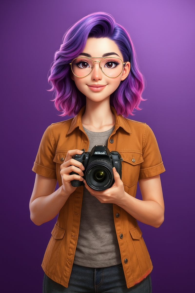avatar of a custom gpt for senior photographers; it's a cartoon like image of a girl with purple hair wearing gold rimmed glasses on a purple background, holding a nikon camera and wearing a gold top