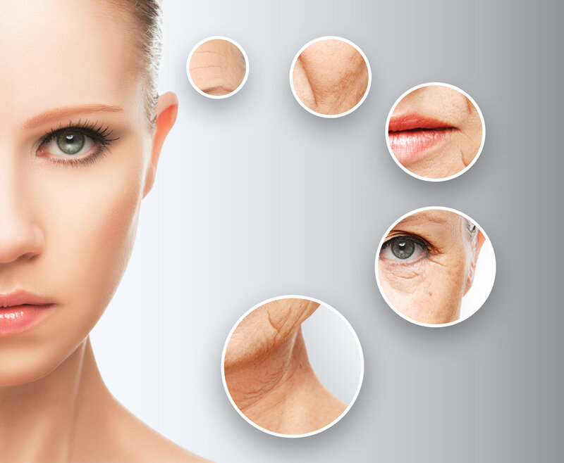 Image of a woman with a soft skin on the right and small images of different skin issues she was facing such as wrinkles, sagging skin, and dullness. PRP treatment was able to eradicate these issues, resulting to her getting younger-looking skin.
