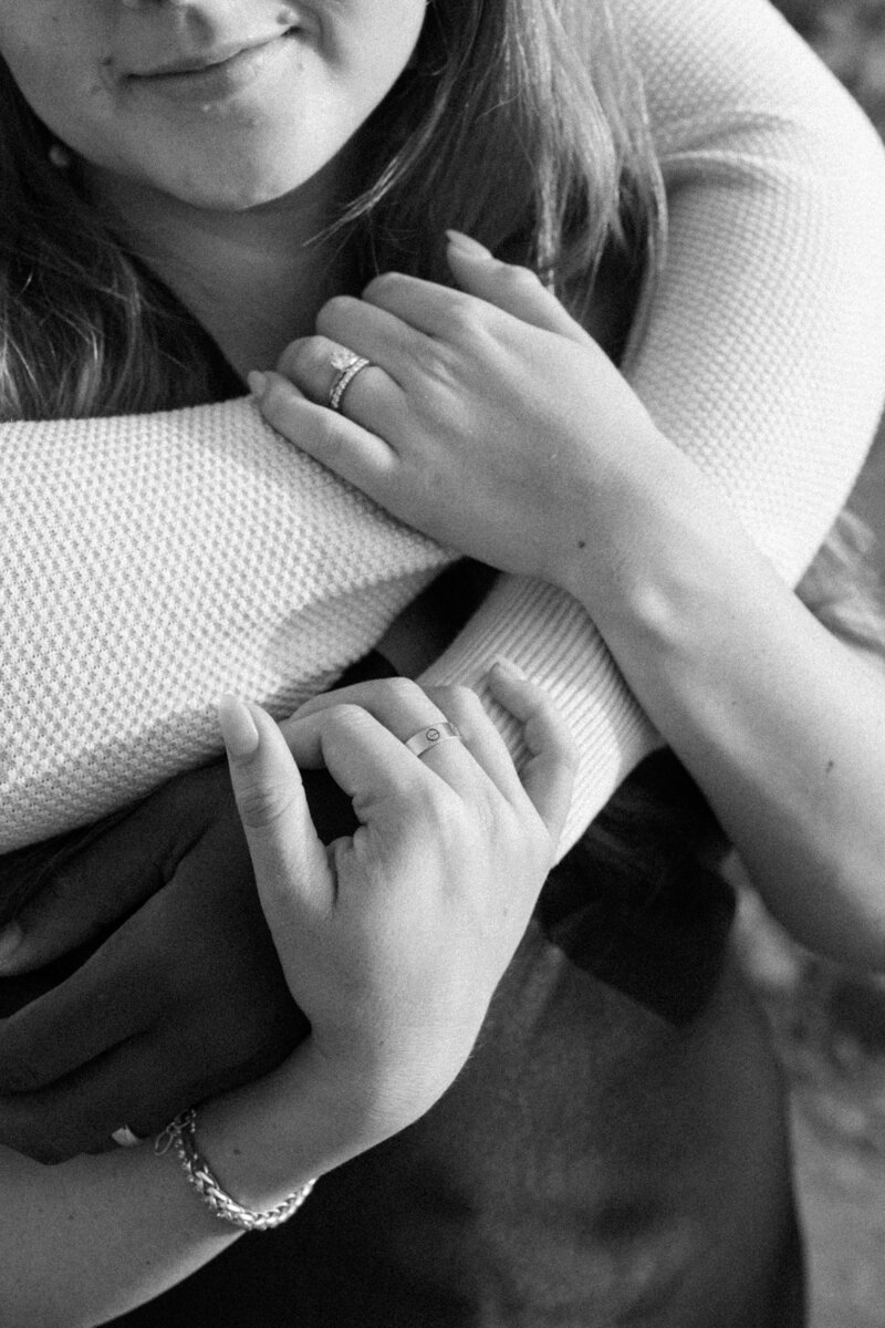 moody black and white film inspired hand holding photo