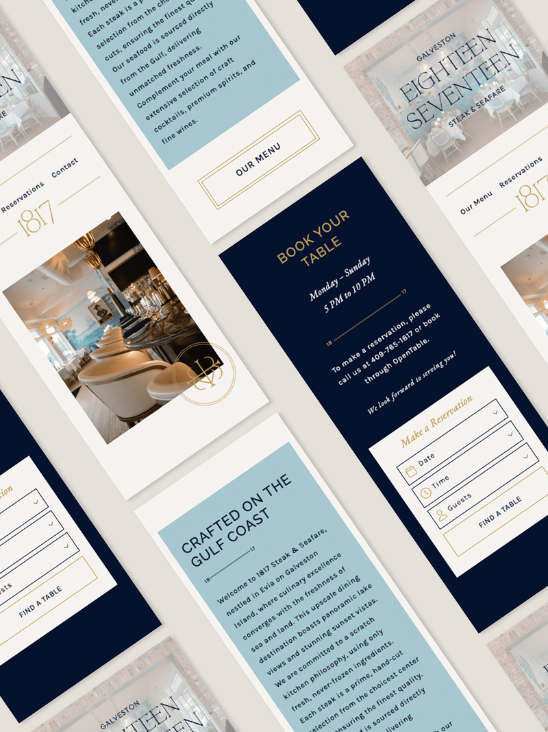 Fully branded mobile website design for a hospitality brand. Built on Showit with clear CTAs, refined brand elements, and layout sections ideal for restaurants, wine bars, and upscale coffee shops.