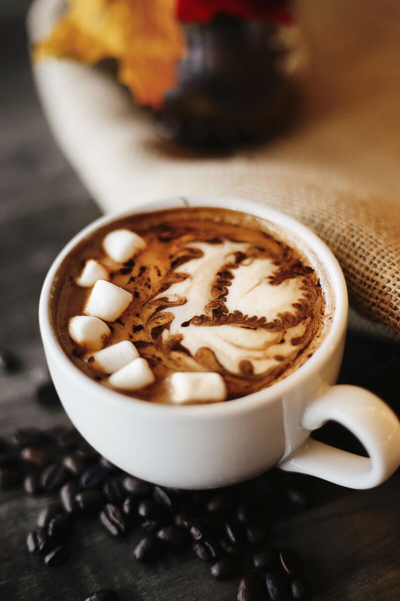 A cup of cappuccino with intricate latte art, topped with mini marshmallows, sits in a cozy coffee shop in Temple, Texas. Surrounded by coffee beans on a dark surface, the scene is accented by a burlap cloth and autumn leaves fading into the blurred background.