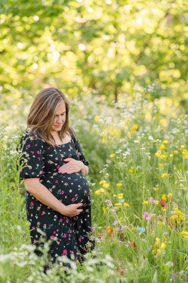 pregnant mother holding belly with black dress and tiny flowers standing in a wildflower field by york pa photographer