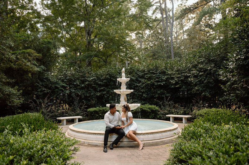 engagement photos by a fountain, editorial engagement