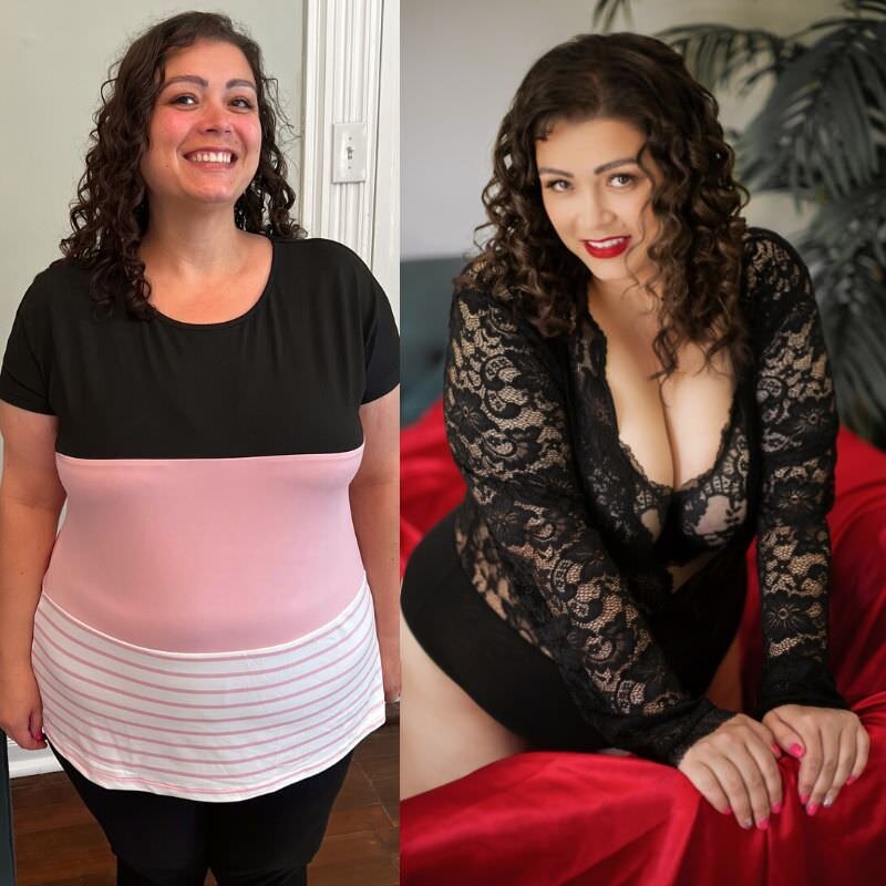 Before & after image of a plus size woman in her 30s with long curly hair getting her boudoir image taken