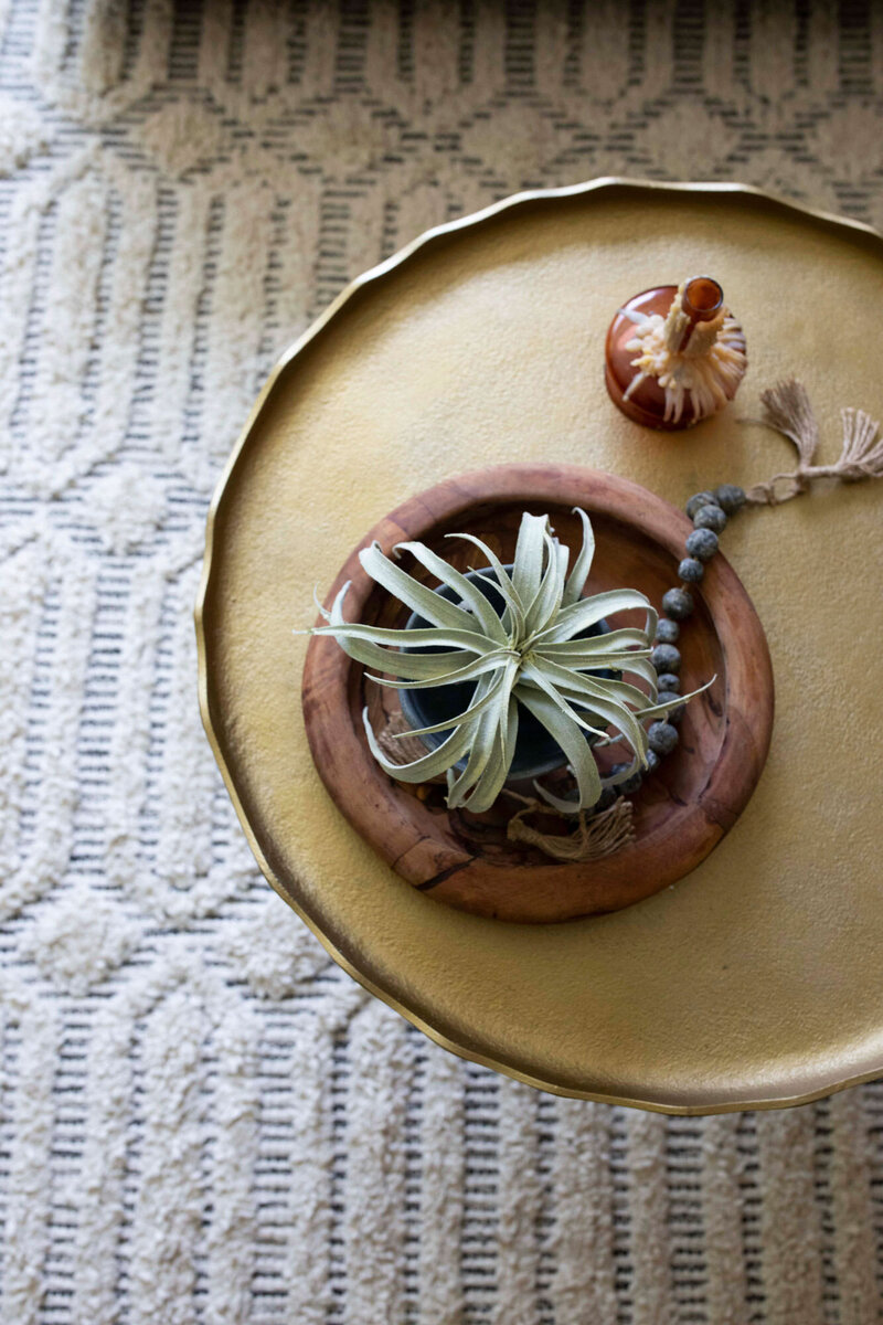 A close up view of a woven rug with an organic modern gold side table and a potted plant.