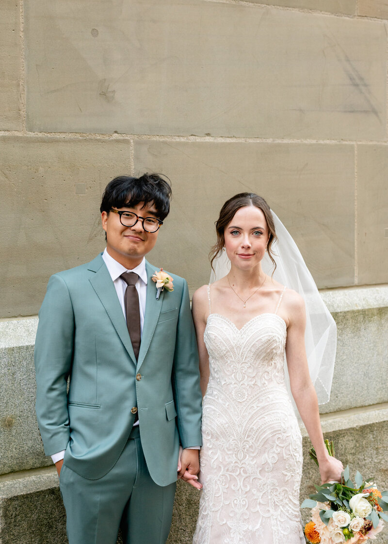 Cute couple smile for wedding portrait in Halifax, captured by Rachael Shrum
