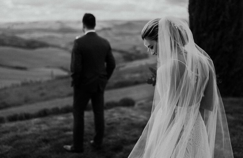 bride and groom first look intimate wedding in tuscany the lazy olive villa