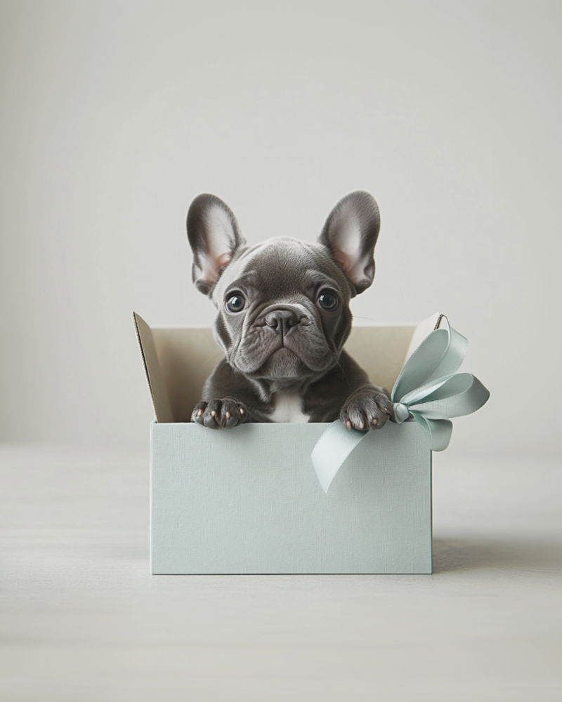 A Frenchie Puppy in a Gift Box