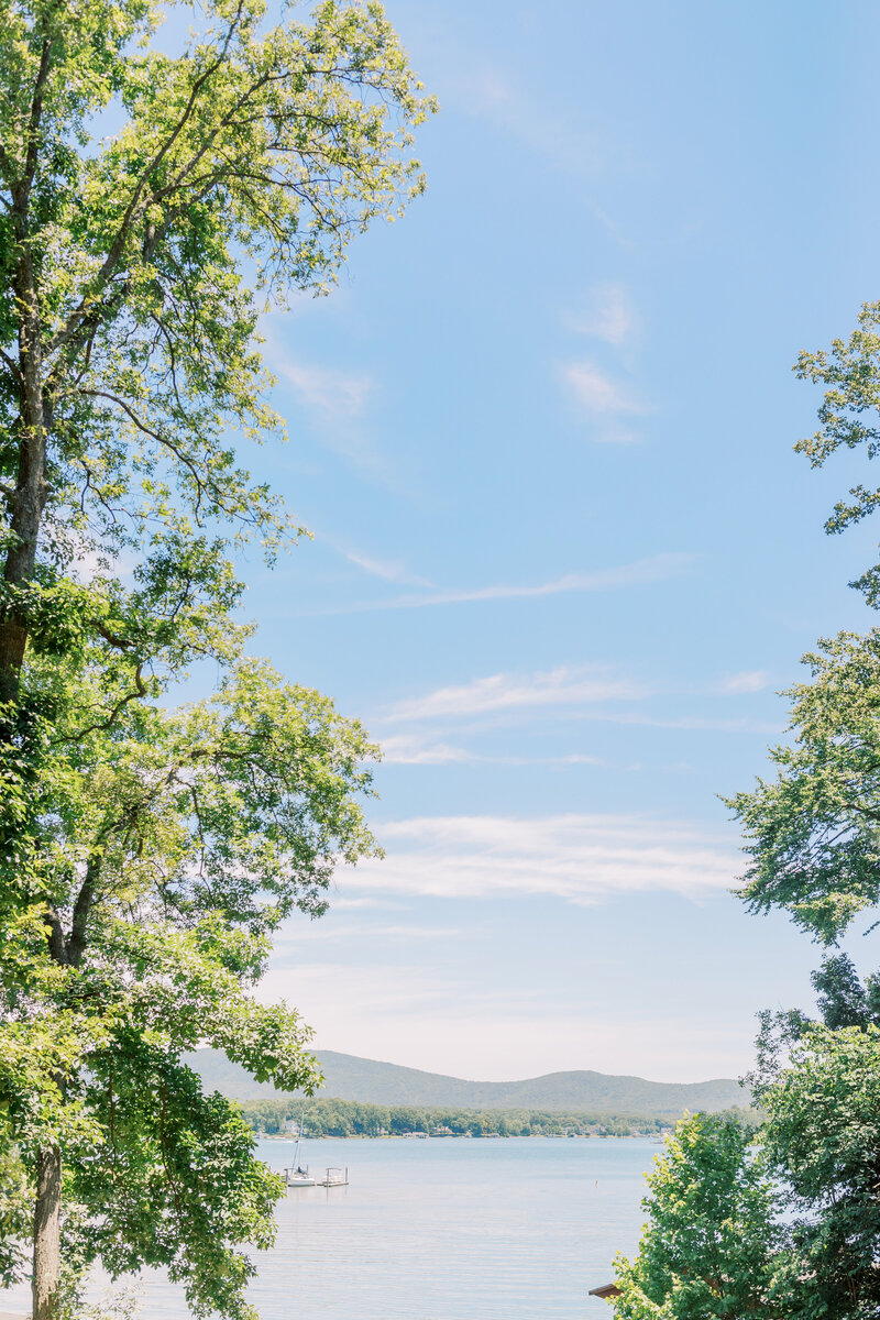 A peaceful lake view framed by tall green trees under a clear blue sky in Smith Mountain