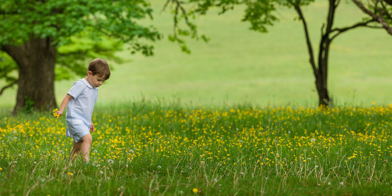 A little boy dressed in cheerful spring colors crouching to look for flowers in the fresh greenery during a mini session at Valley Forge