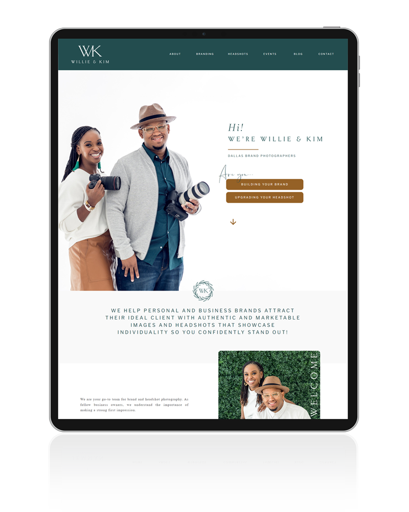 Explore Willie & Kim's brand photography website design on iPad, highlighting the intersection of creativity and digital innovation through website design for creatives.