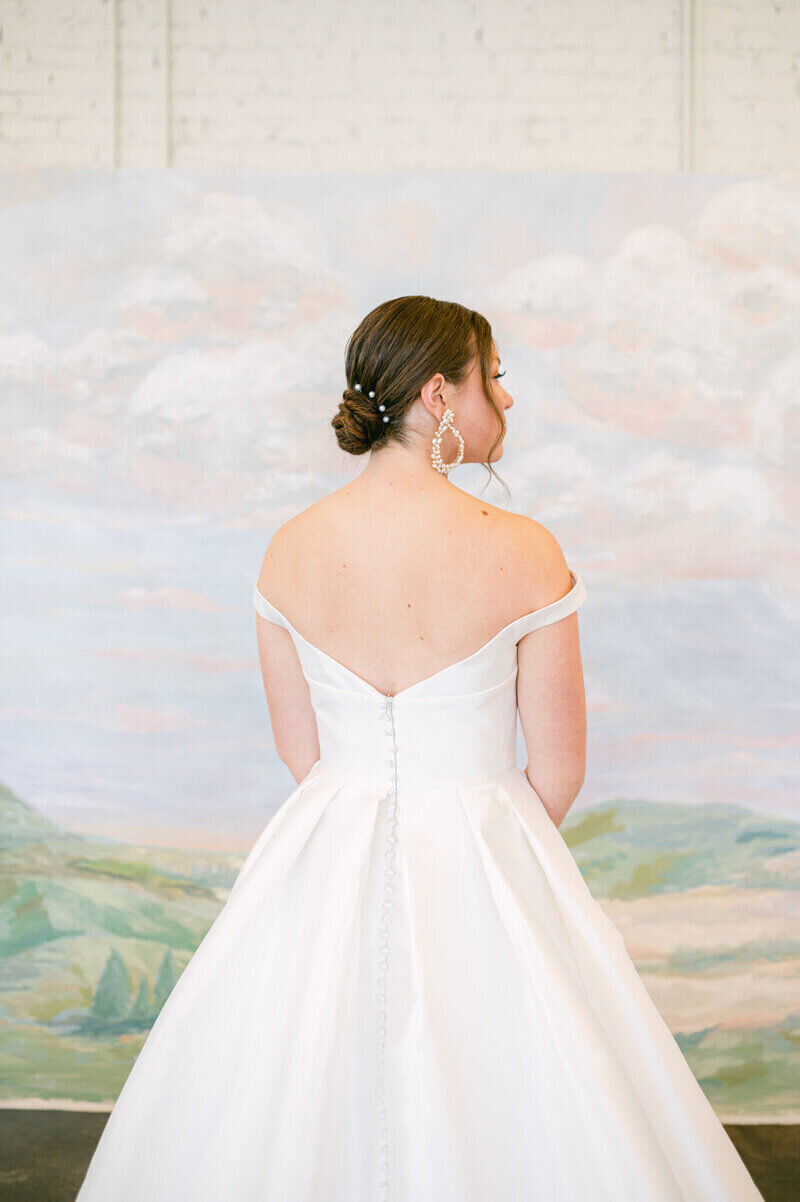 back of bride with painted backdrop at wedding planned by wedding planners mn