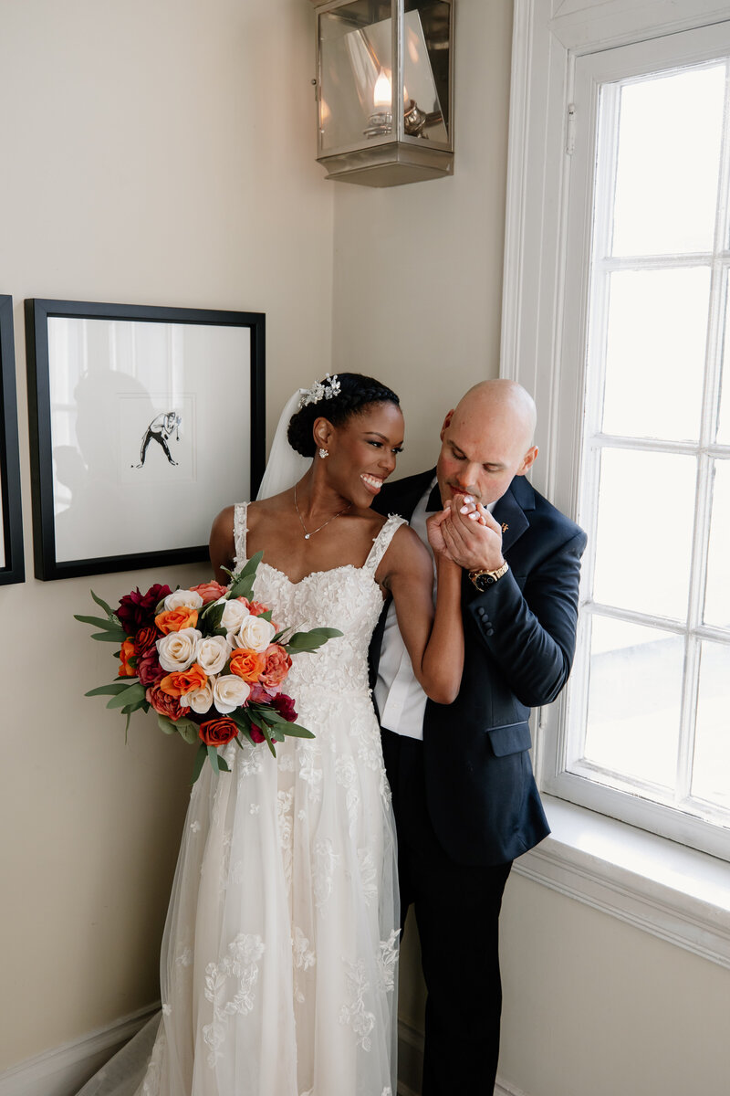 Lydia McRae and her husband on her wedding day at Spring House Restaurant in Winston Salem, NC