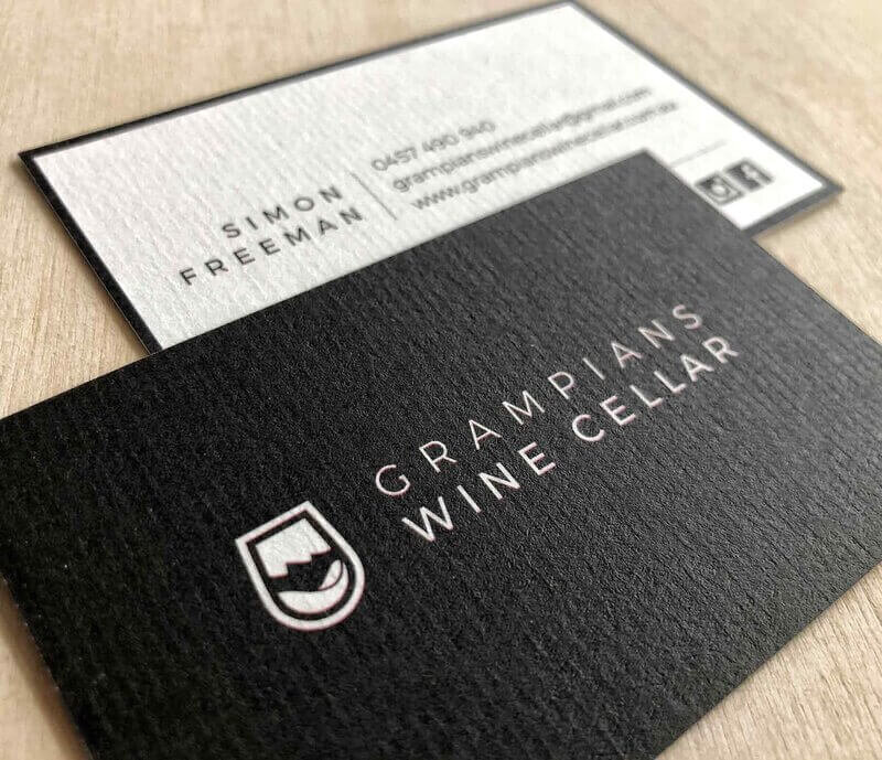 Black and white business cards with Grampians Wine cellar logo