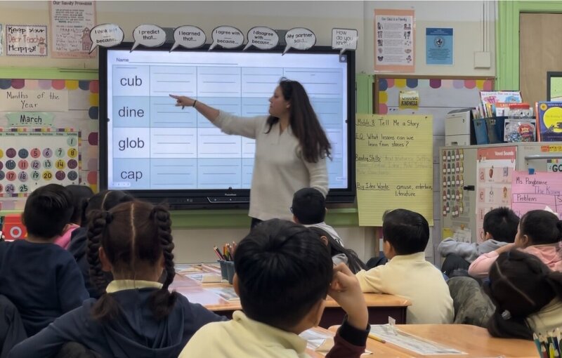 literacy consultant at the front of a classroom of student's pointing to the word "cub" on the board