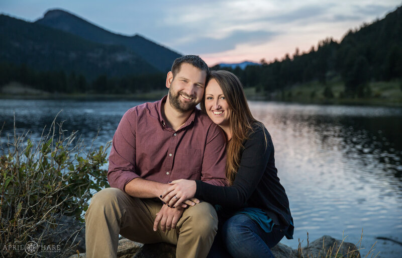 Beautiful sunset engagement photo at Lily Lake in Estes Park
