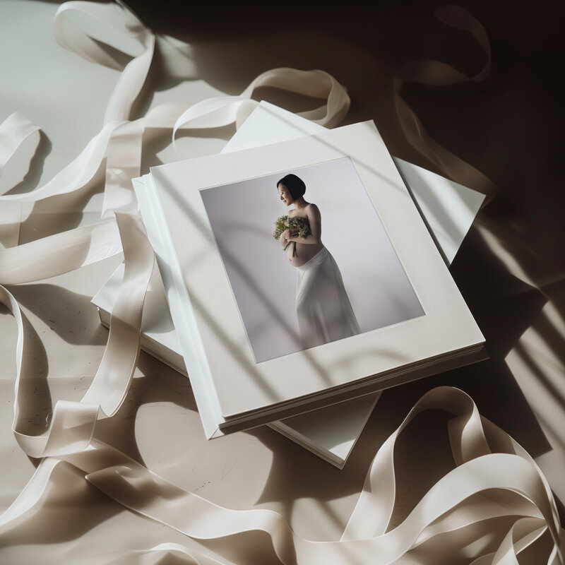 maternity folio mats on silk ribbon in natural light