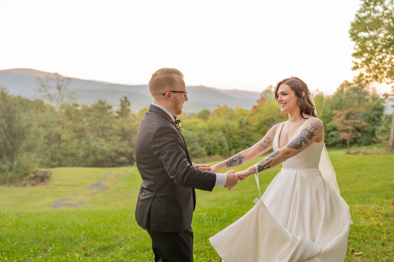 Bride and groom are walking into the sunset