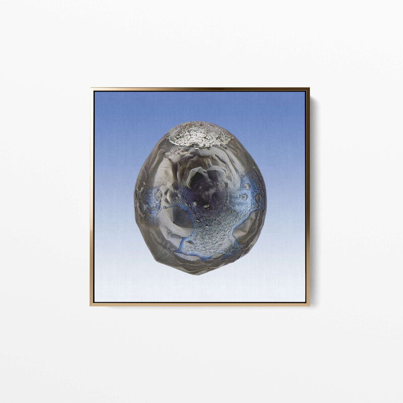 Fine Art Canvas with a gold frame featuring Project Stardust micrometeorite NMM 628 collected and photographed by Jon Larsen and Jan Braly Kihle