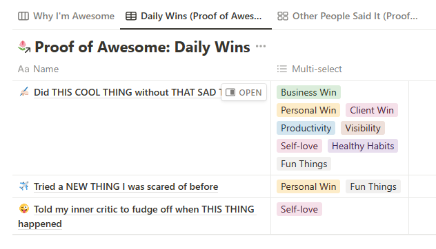 A screenshot of the secondsection of the "I'm Awesome!" Notion Template.