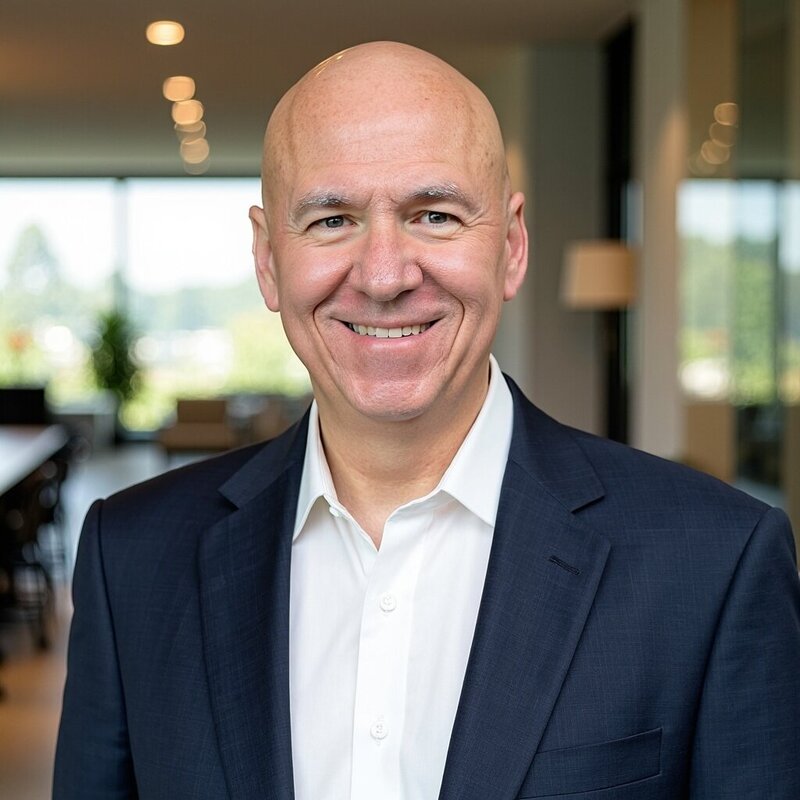 Portrait of Roger Smith, owner of Treehouse Vending, smiling in a modern office setting