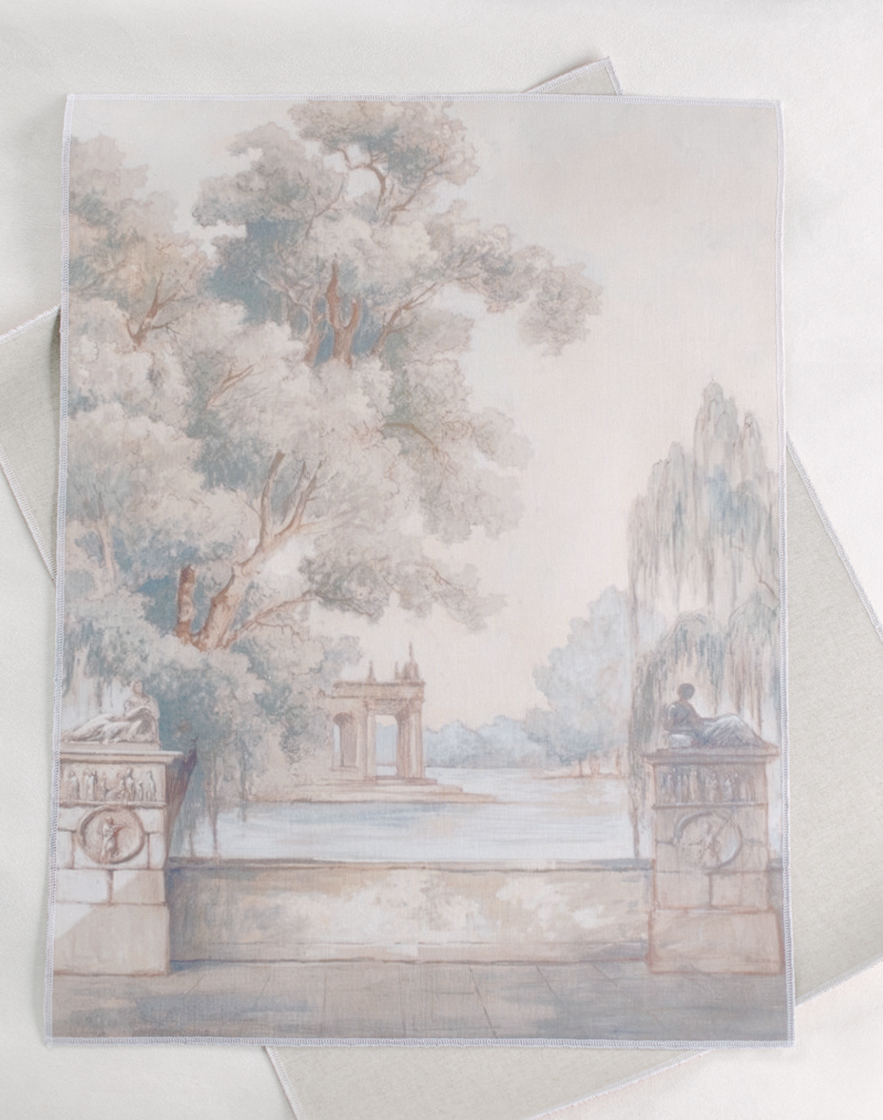 European linen mat for styling soft-toned wedding details and invitation suites